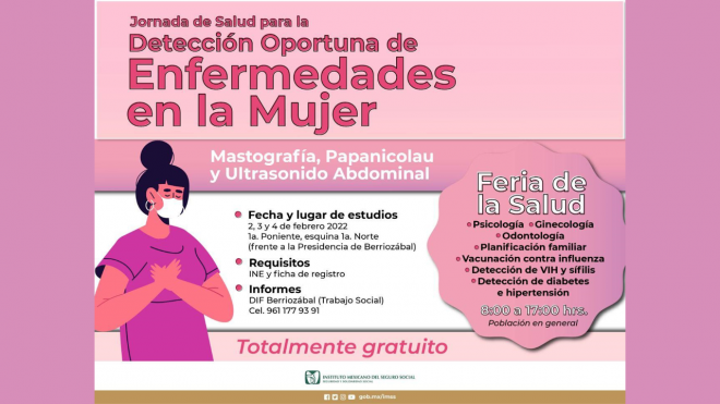 En Berriozabal, IMSS invita a Primera Jornada de Salud para deteccin de enfermedades en la mujer